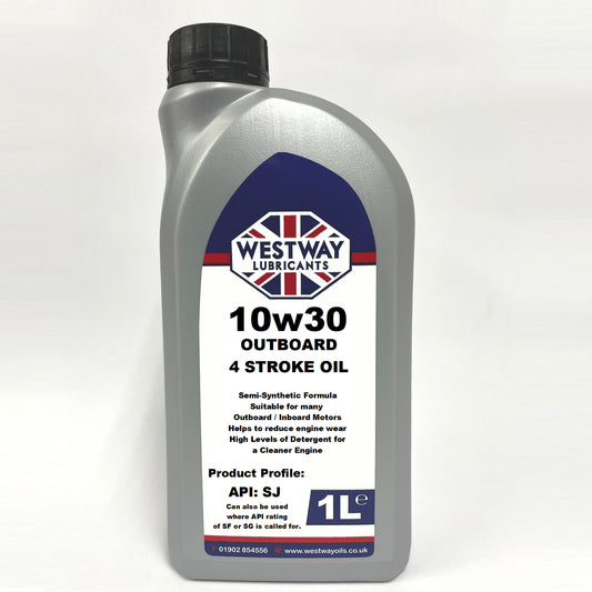 A 1-liter container of 10W30 Outboard Oil for 4 Stroke engines, primarily in gray color with product details and branding visible.