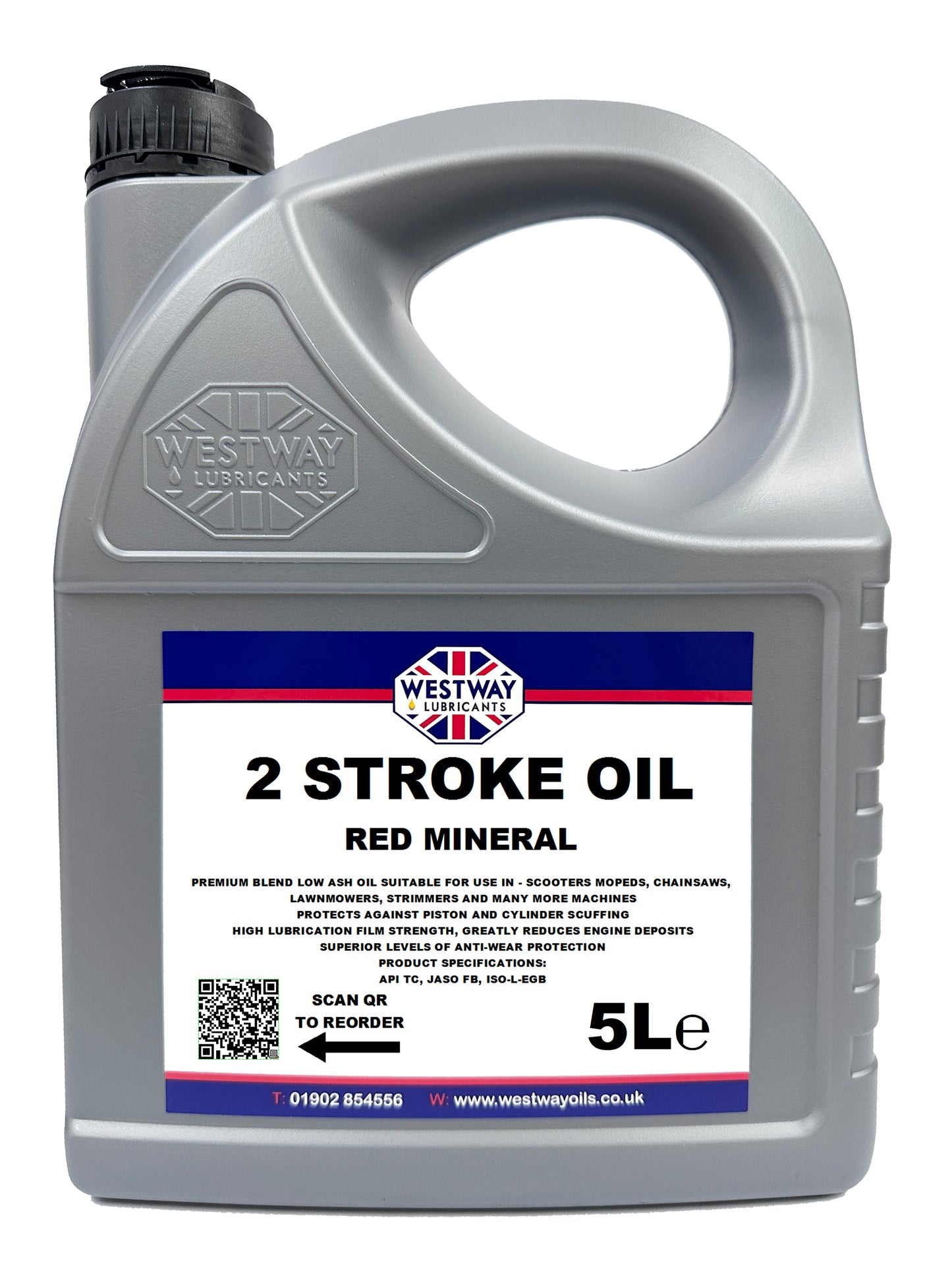 5-liter container of 2 Stroke Oil Mineral with a red label, predominantly grey plastic container with a handle