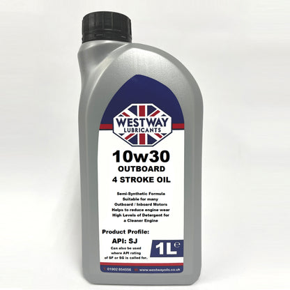 A 1-liter container of 10W30 Outboard Oil for 4 Stroke engines, primarily in gray color with product details and branding visible.